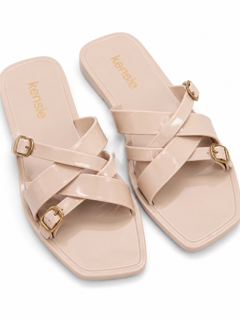 Kensie Glossy Beige Cross-Strap Slide Sandals with Gold Buckles